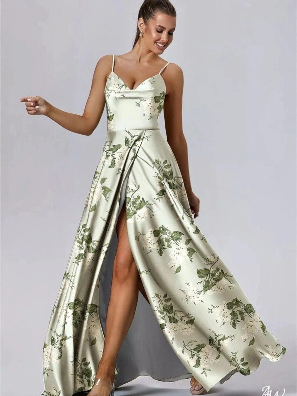 A&W Bridal Sage Garden Party Floral Satin Maxi Dress Size US 10 NWOT